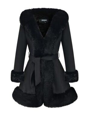 Women's Faux Fur Leather Mid Length Winter Coat with Fur Collar